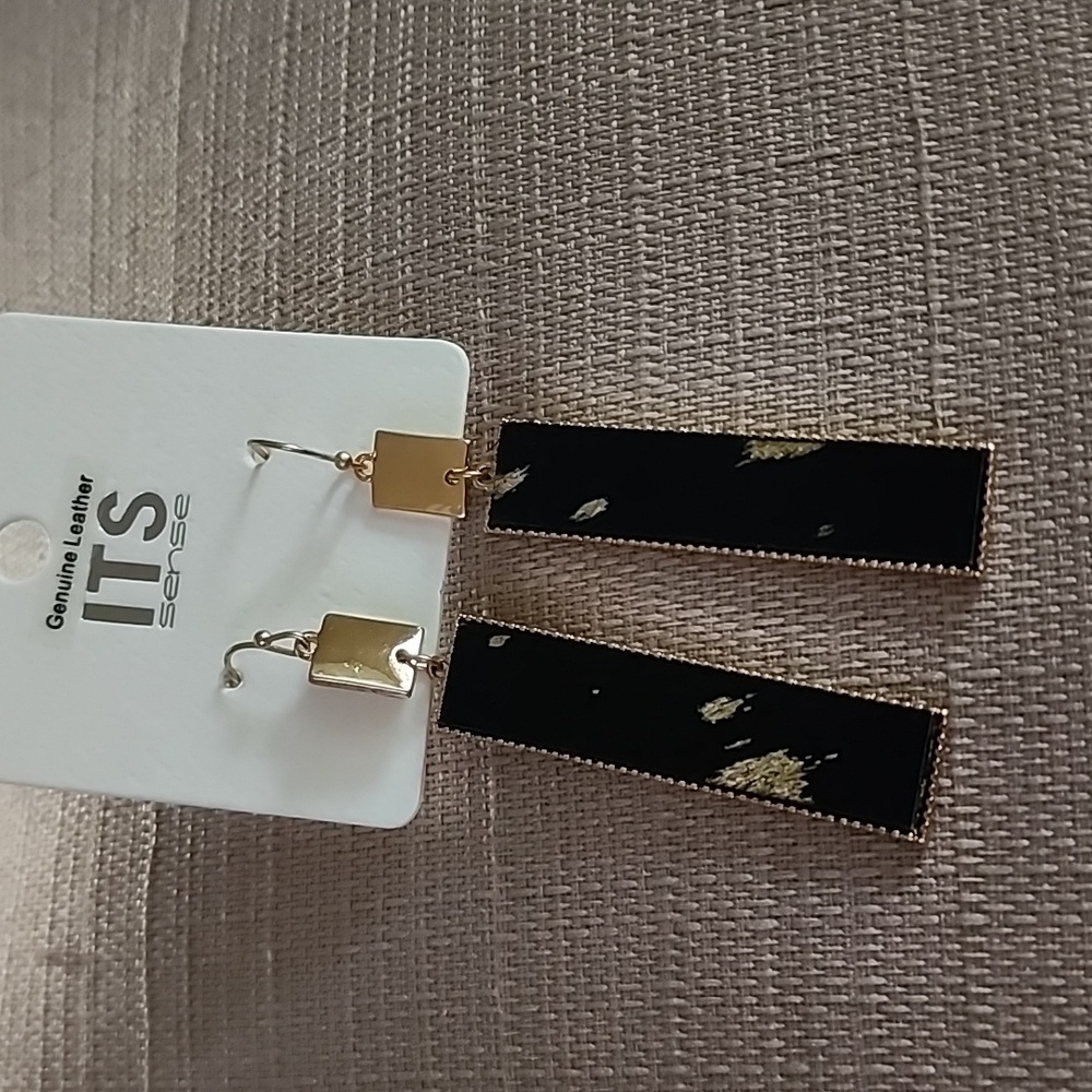 New Black Leather with Splash of Gold Bar Earrings, NWT
